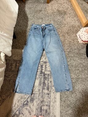 bohme Light Blue Straight-Leg Jeans with Pearl Side Trim